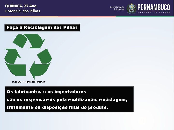 QUÍMICA, 3º Ano Potencial das Pilhas Faça a Reciclagem das Pilhas Imagem : Krdan/Public