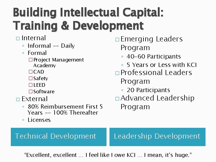 Building Intellectual Capital: Training & Development � Internal ◦ Informal -- Daily ◦ Formal