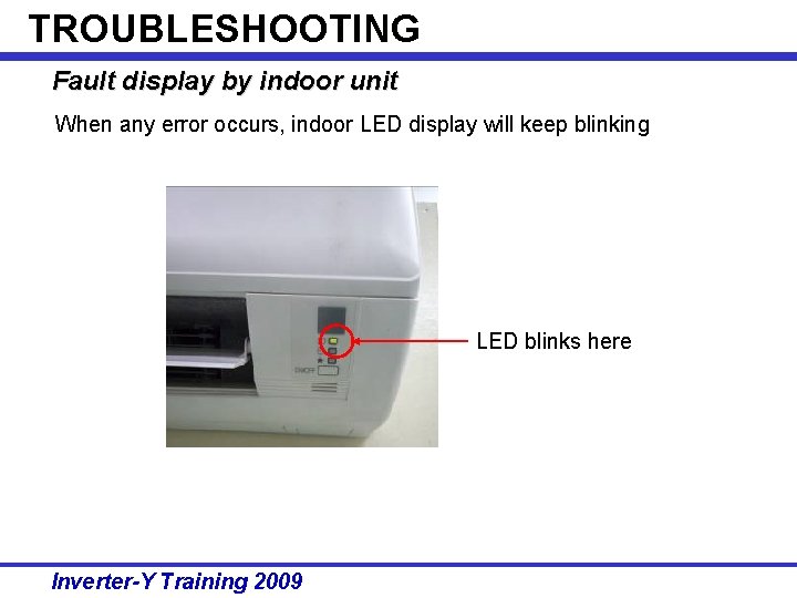 TROUBLESHOOTING Fault display by indoor unit When any error occurs, indoor LED display will