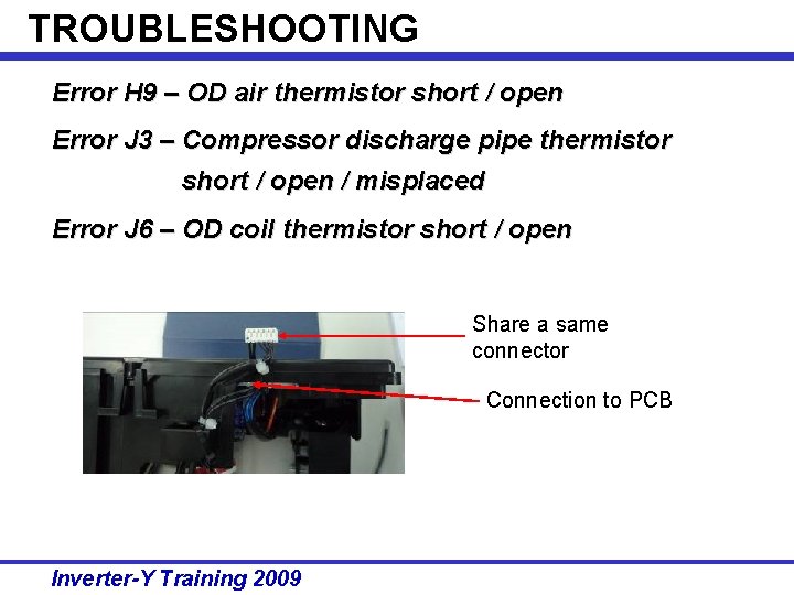 TROUBLESHOOTING Error H 9 – OD air thermistor short / open Error J 3