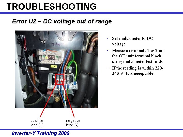 TROUBLESHOOTING Error U 2 – DC voltage out of range - Set multi-meter to