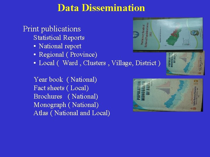 Data Dissemination Print publications Statistical Reports • National report • Regional ( Province) •