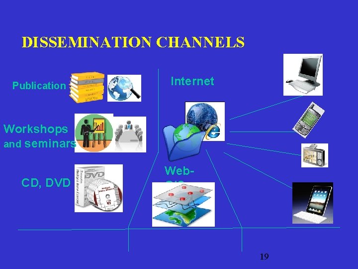 DISSEMINATION CHANNELS Publication Internet Workshops and seminars CD, DVD Web. GIS 19 