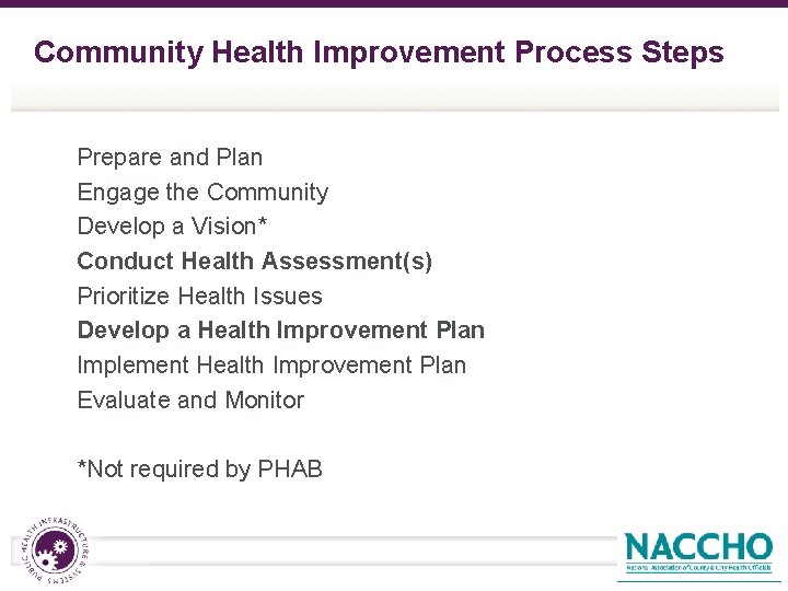 Community Health Improvement Process Steps q Prepare and Plan Engage the Community Develop a