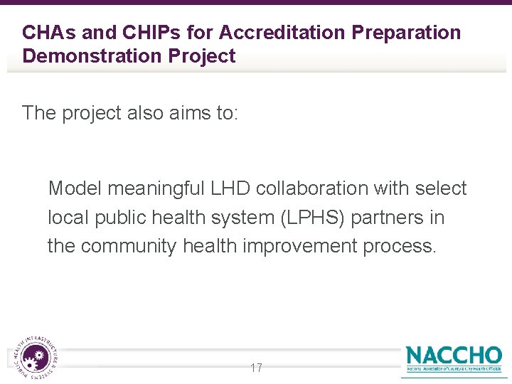 CHAs and CHIPs for Accreditation Preparation Demonstration Project The project also aims to: Model