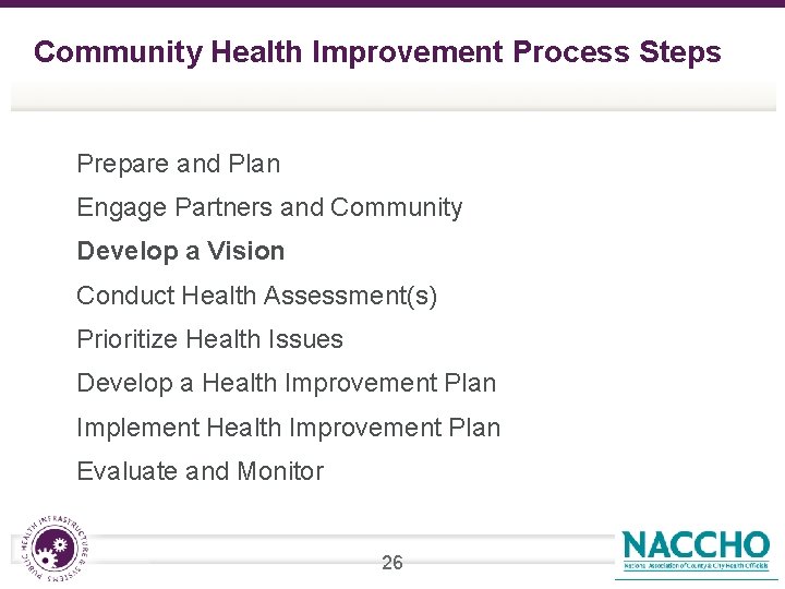 Community Health Improvement Process Steps q Prepare and Plan q Engage Partners and Community
