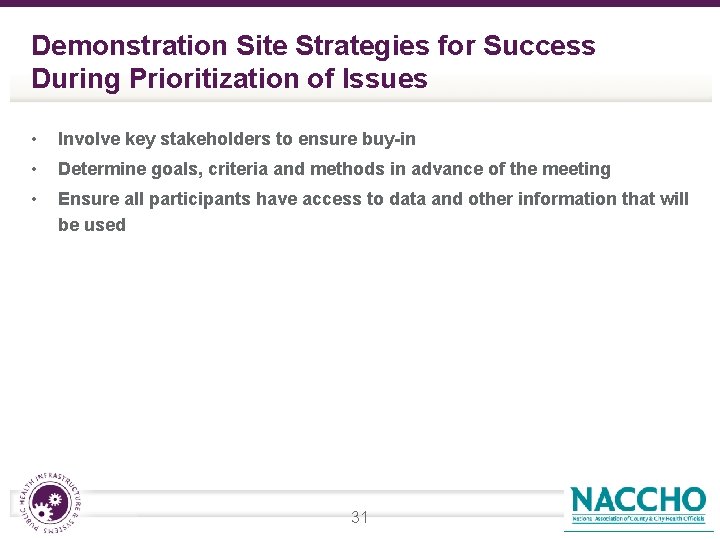 Demonstration Site Strategies for Success During Prioritization of Issues • Involve key stakeholders to