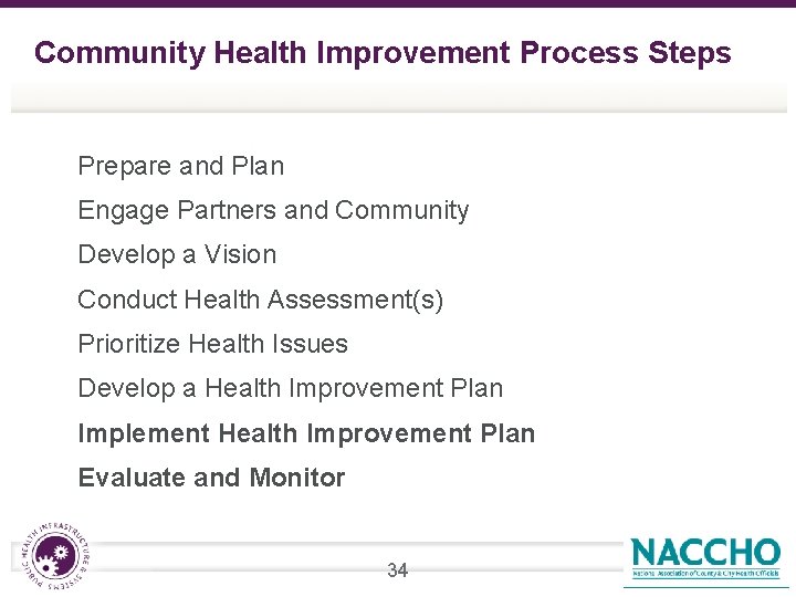 Community Health Improvement Process Steps q Prepare and Plan q Engage Partners and Community