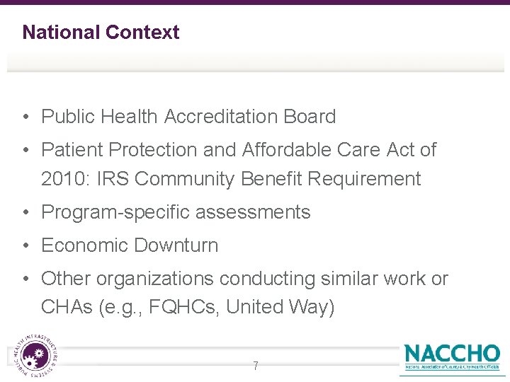 National Context • Public Health Accreditation Board • Patient Protection and Affordable Care Act