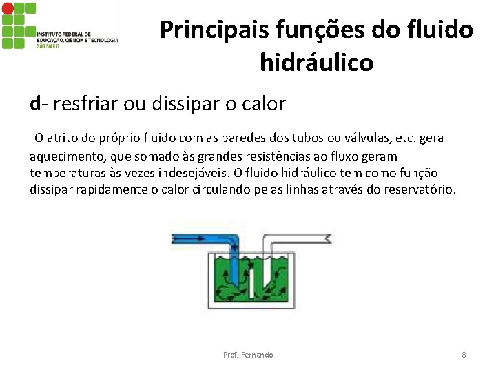 Principais funções do fluido hidráulico d- resfriar ou dissipar o calor O atrito do