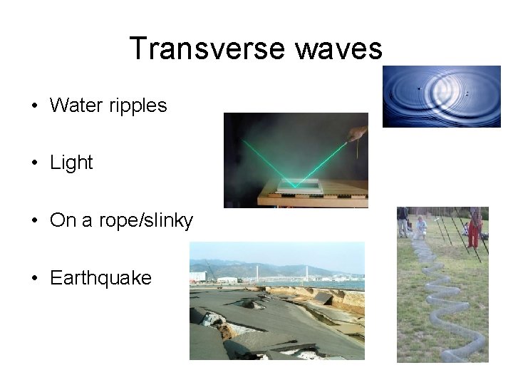 Transverse waves • Water ripples • Light • On a rope/slinky • Earthquake 