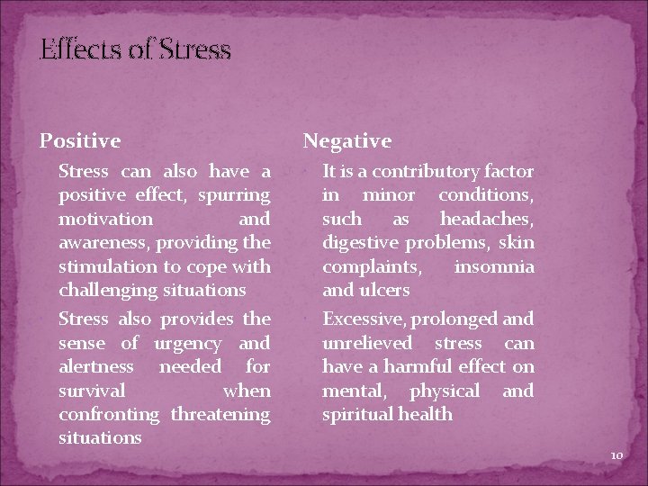 Effects of Stress Positive Negative Stress can also have a It is a contributory