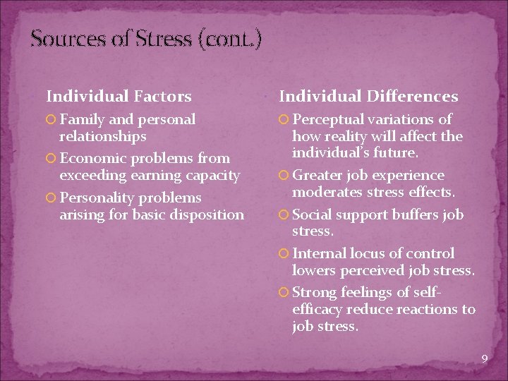 Sources of Stress (cont. ) Individual Factors Family and personal relationships Economic problems from