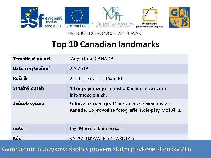 Top 10 Canadian landmarks Tematická oblast Angličtina: CANADA Datum vytvoření 2. 8. 2013 Ročník