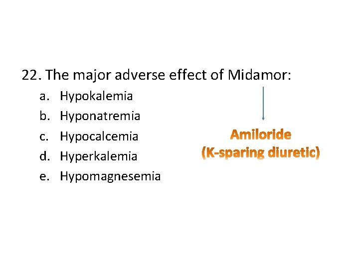 22. The major adverse effect of Midamor: a. b. c. d. e. Hypokalemia Hyponatremia