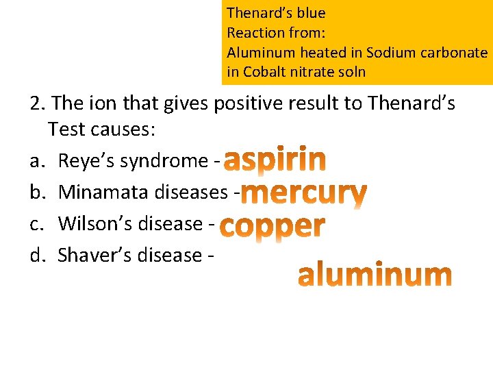 Thenard’s blue Reaction from: Aluminum heated in Sodium carbonate in Cobalt nitrate soln 2.