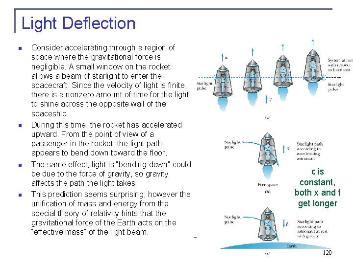 Light Deflection Consider accelerating through a region of space where the gravitational force is