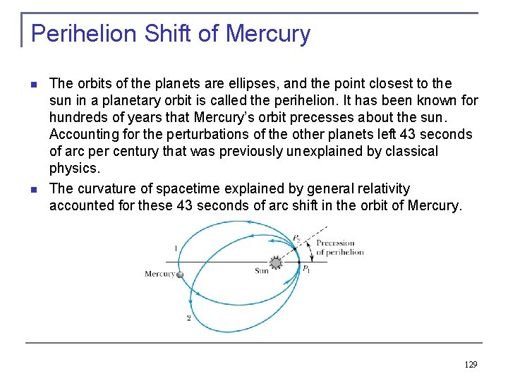 Perihelion Shift of Mercury The orbits of the planets are ellipses, and the point
