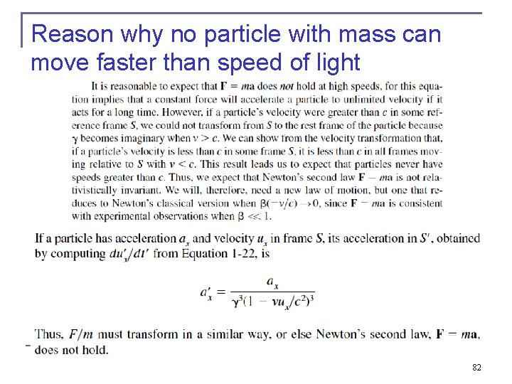 Reason why no particle with mass can move faster than speed of light 82