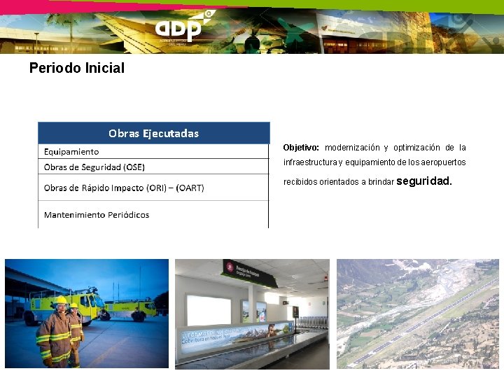 Periodo Inicial Obras Ejecutadas Objetivo: modernización y optimización de la infraestructura y equipamiento de