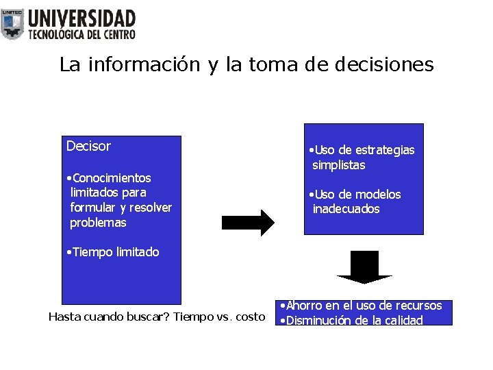La información y la toma de decisiones Decisor • Conocimientos limitados para formular y