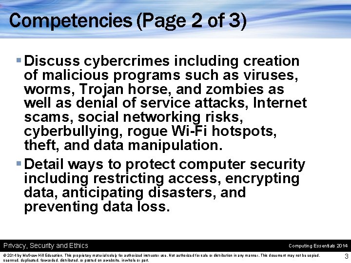 Competencies (Page 2 of 3) § Discuss cybercrimes including creation of malicious programs such