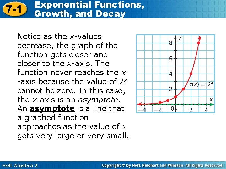 7 -1 Exponential Functions, Growth, and Decay Notice as the x-values decrease, the graph