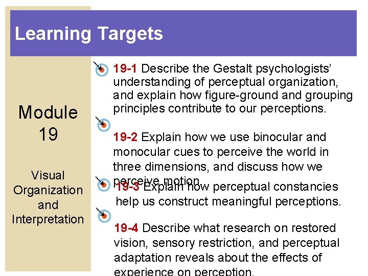 Learning Targets Module 19 Visual Organization and Interpretation 19 -1 Describe the Gestalt psychologists’