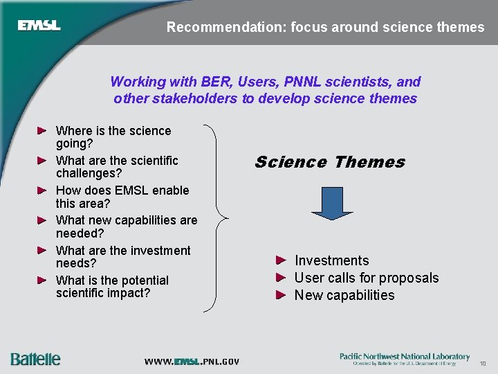 Recommendation: focus around science themes Working with BER, Users, PNNL scientists, and other stakeholders