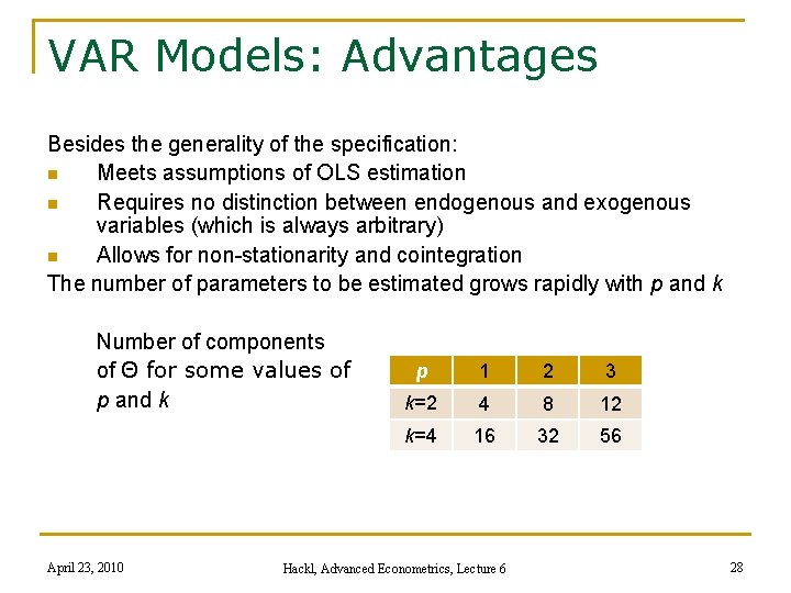 VAR Models: Advantages Besides the generality of the specification: n Meets assumptions of OLS