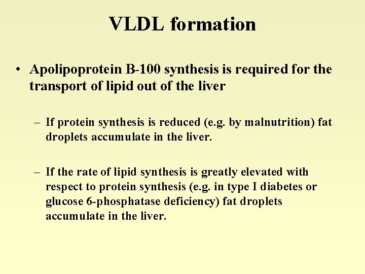 VLDL formation • Apolipoprotein B-100 synthesis is required for the transport of lipid out