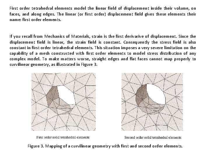 First order tetrahedral elements model the linear field of displacement inside their volume, on