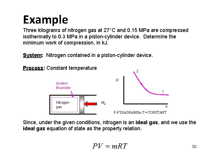 Example Three kilograms of nitrogen gas at 27 C and 0. 15 MPa are