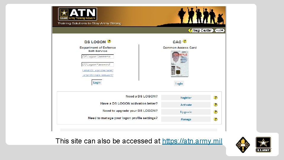 This site can also be accessed at https: //atn. army. mil 