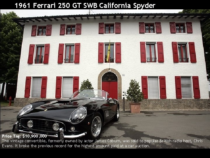 1961 Ferrari 250 GT SWB California Spyder Price Tag: $10, 900, 000 The vintage