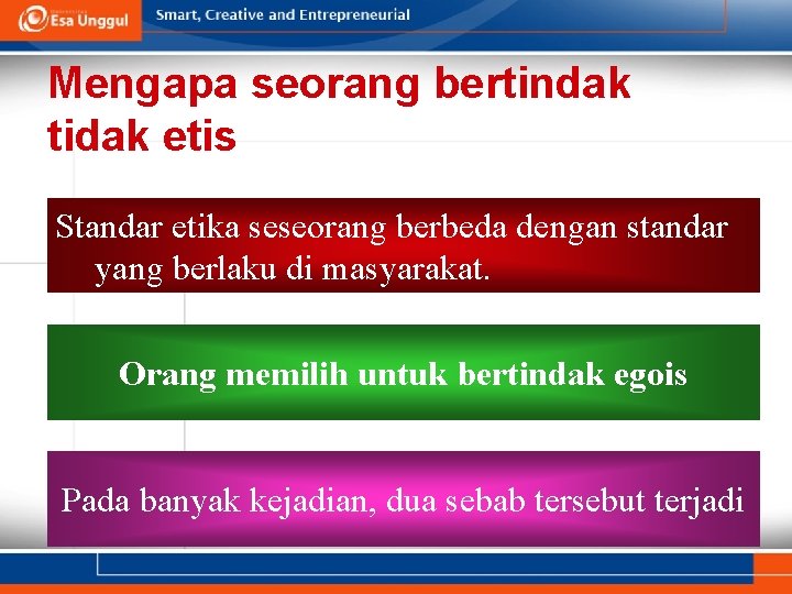 Mengapa seorang bertindak tidak etis Standar etika seseorang berbeda dengan standar yang berlaku di