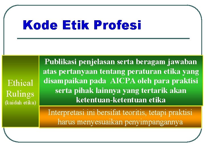 Kode Etik Profesi Ethical Rulings (kaidah etika) Publikasi penjelasan serta beragam jawaban atas pertanyaan