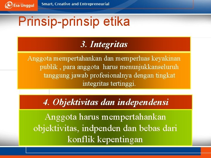 Prinsip-prinsip etika 3. Integritas Anggota mempertahankan dan memperluas keyakinan publik , para anggota harus