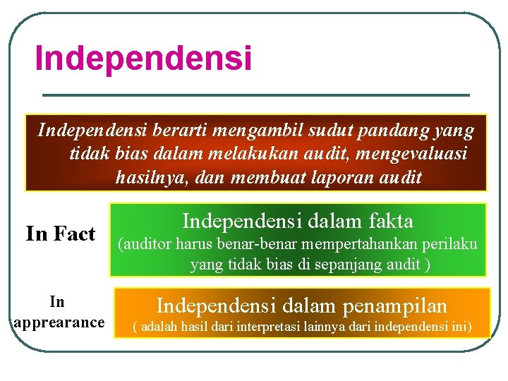 Independensi berarti mengambil sudut pandang yang tidak bias dalam melakukan audit, mengevaluasi hasilnya, dan