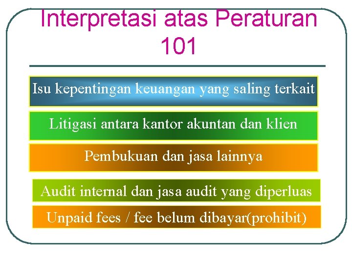 Interpretasi atas Peraturan 101 Isu kepentingan keuangan yang saling terkait Litigasi antara kantor akuntan