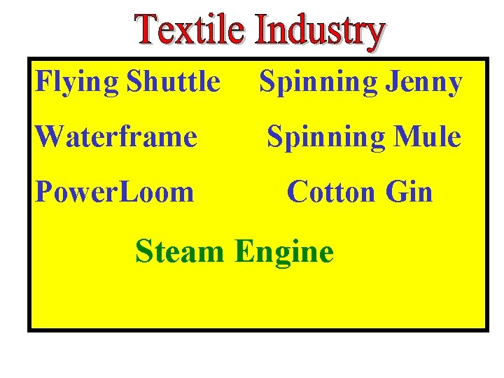 Flying Shuttle Spinning Jenny Waterframe Spinning Mule Power. Loom Cotton Gin Steam Engine Flying Shuttle Spinning Jenny Waterframe Spinning Mule Power. Loom Cotton Gin Steam Engine