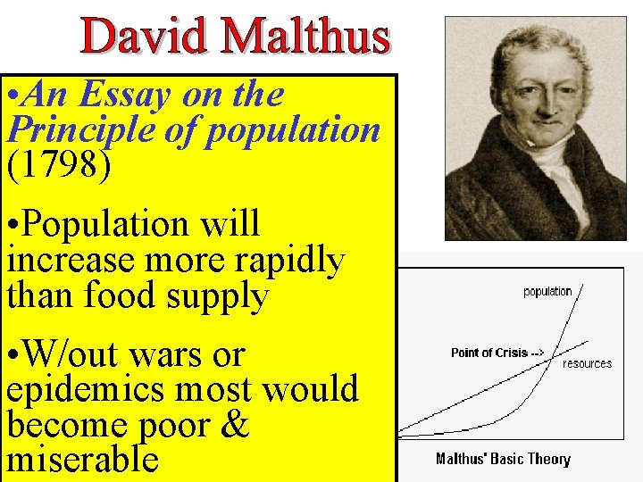• An Essay on the Principle of population (1798) • Population will increase • An Essay on the Principle of population (1798) • Population will increase