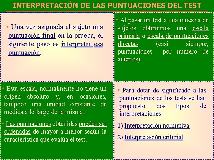 INTERPRETACIÓN DE LAS PUNTUACIONES DEL TEST • Una vez asignada al sujeto una puntuación