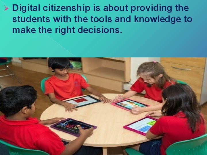 Ø Digital citizenship is about providing the students with the tools and knowledge to Ø Digital citizenship is about providing the students with the tools and knowledge to