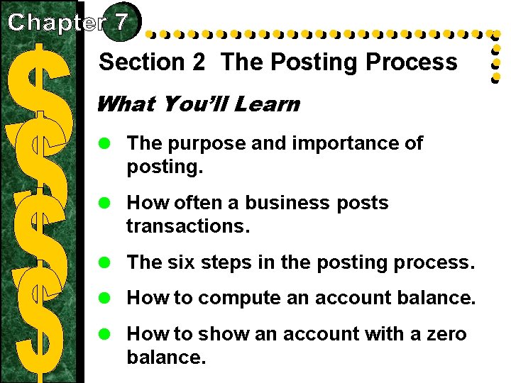 Section 2 The Posting Process What You’ll Learn = The purpose and importance of