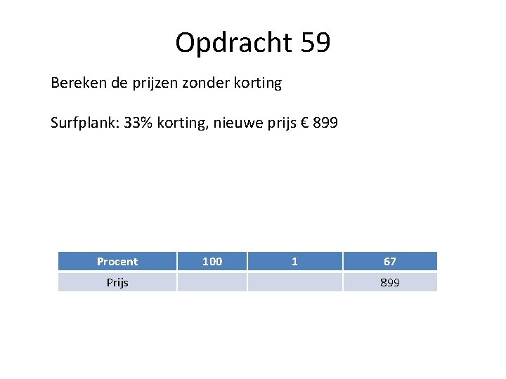 Opdracht 59 Bereken de prijzen zonder korting Surfplank: 33% korting, nieuwe prijs € 899