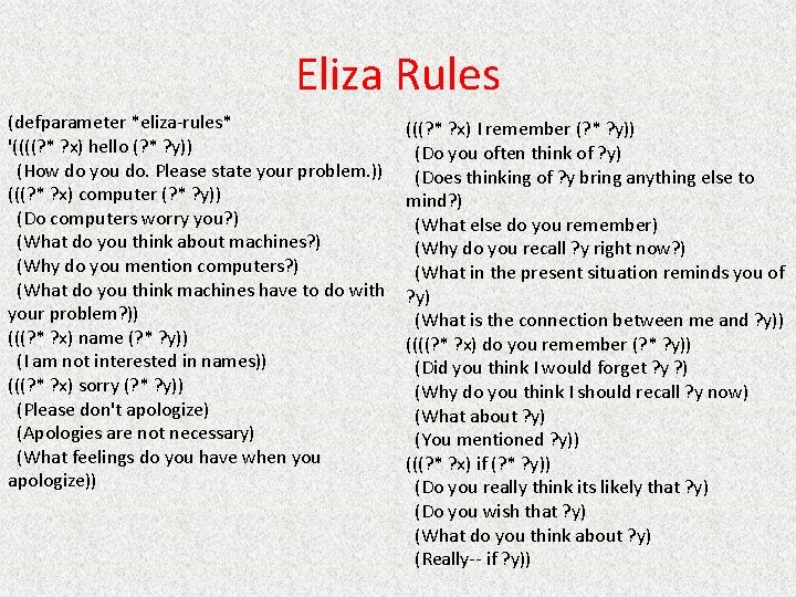 Eliza Rules (defparameter *eliza-rules* '((((? * ? x) hello (? * ? y)) (How