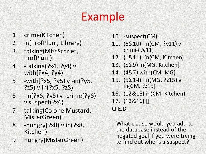 Example 1. crime(Kitchen) 2. in(Prof. Plum, Library) 3. talking(Miss. Scarlet, Prof. Plum) 4. -talking(?