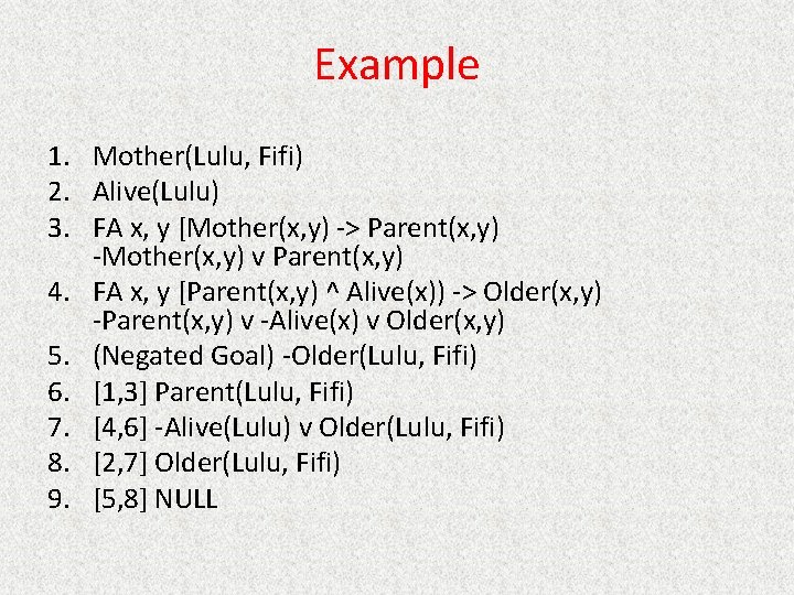 Example 1. Mother(Lulu, Fifi) 2. Alive(Lulu) 3. FA x, y [Mother(x, y) -> Parent(x,