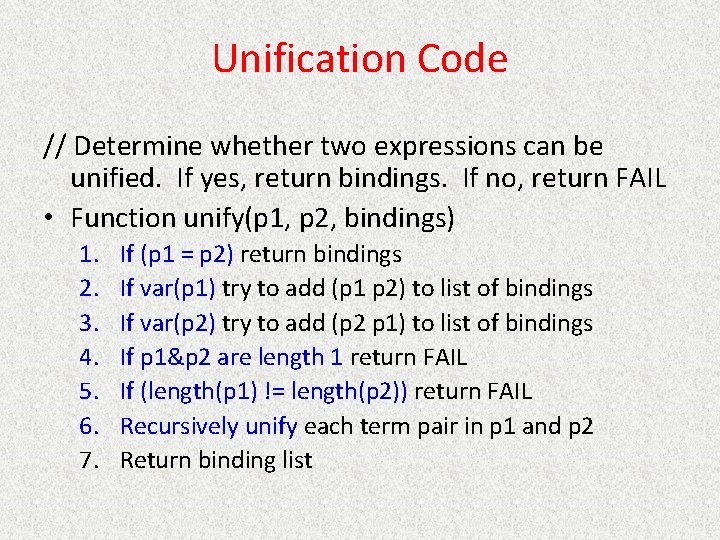 Unification Code // Determine whether two expressions can be unified. If yes, return bindings.